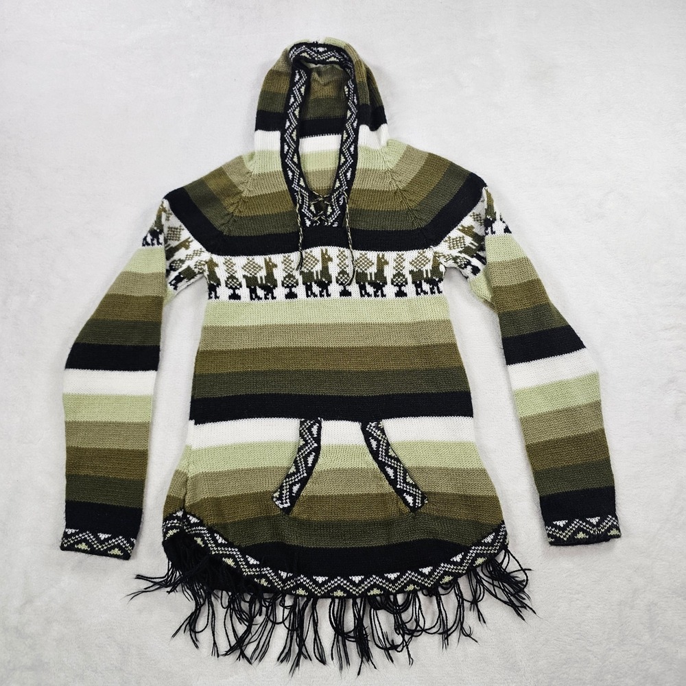 Unbranded Llama Knit Hoodie Womens S Green Excellent Fringe Boho Pullover